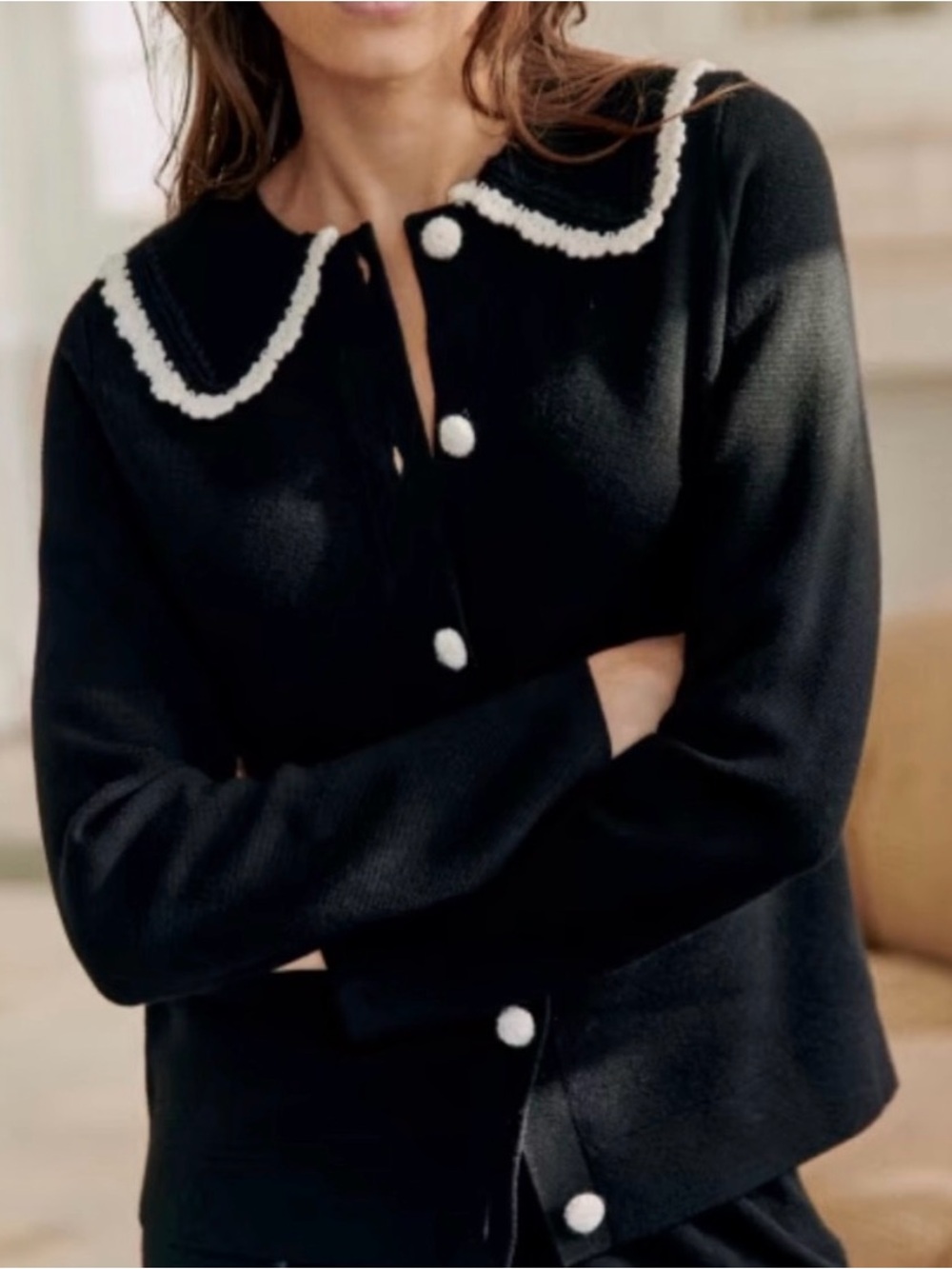 Sezane Bettany Noir/Ecru Cardigan